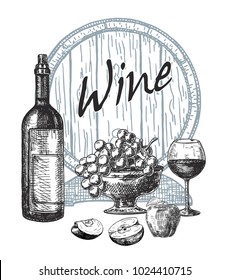 Wine set. Vector sketch of grapes, wine glass, barrel on background for design