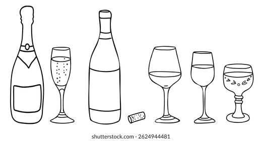 Conjunto de vino. Vasos y botellas de vino blanco y rojo, champán o espumoso. Ilustración vectorial dibujada a mano, arte lineal, estilo Doodle. Para el menú de la barra, logotipo, tarjetas.