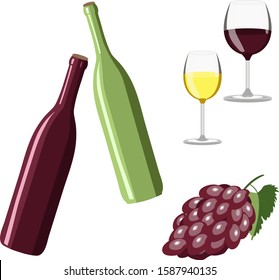 The wine set of white and red wine is hand-drawn in a flat style. Two bottles of wine, two glasses and grapes.