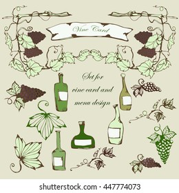 Wine set. Winemaking products in sketch style. Vector illustration with wine, wine glass, grapes, grape twig, frame. Classical alcoholic drink. wine design elements.
