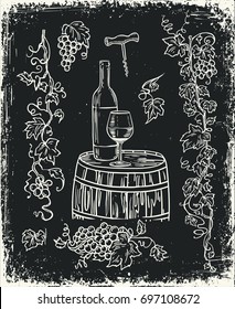 Wine set. Winemaking products in sketch style on black background. Vector illustration with barrel, glass, grape twig. Classical alcoholic drink.