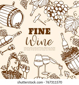 Wine set. Winemaking products in sketch style. Hand drawn alcoholic drinks set. Vector illustration of bottle, glass, barrel, grapes, corkscrew, grape twig.