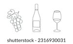 Wine set(grape, bottle, wine glass) drawn in one continuous line. One line drawing, minimalism. Vector illustration.