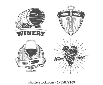 Wine shop badges. Set of vintage logos for wine shop or winery. Vector black and white stickers with barrel, glass, grape, corkscrew and other elements