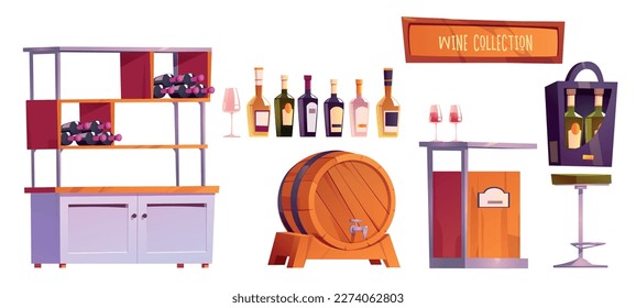 Weinladen oder Bar-Interieur einzeln Cartoon-Objekte mit Flasche auf weißem Hintergrund. Kollektion von Alkohol- oder Kneipenmöbeln. Holzfass, Tisch und Stuhl für die Lagerung in der Weinindustrie.