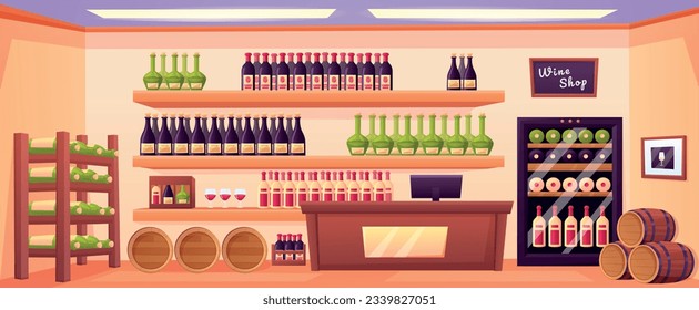 Wine shop, cartoon vault or alcohol store. Cellar with bottles and barrels, champagne and liquor production on shelf nowaday vector scene