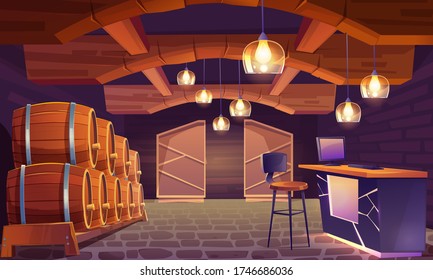 Wine shop, cellar interior with wooden barrels, brick walls and floor, lamps in shape of wineglass. Alcohol beverage store with pc on counter desk and high stool, basement. Cartoon vector illustration