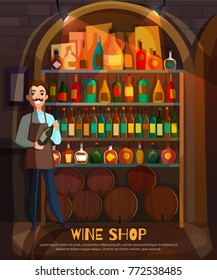 Wine shop with wine collection and variety symbols flat vector illustration