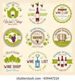 Wine shop colored emblems with red grapes green leaves bottles on beige grunge background isolated vector illustration 