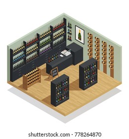 Wine shop interior isometric composition with counter cash register and shelves of vine bottles vector illustration 