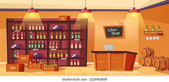 Wine shop interior. Restaurant bar table, shelves with alcohol bottles and winery barrels. Retail or pub vector Illustration. Empty underground room with drinks assortment on showcase