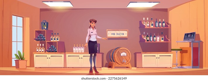 Wine shop interior with woman sommelier cartoon illustration. Alcohol store vector background with barrel, bottle on shelf and wooden stand for winery assortment storage. Stacked vine production.