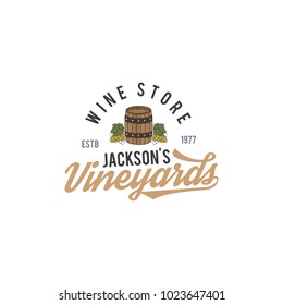 Wine shop logo, label. Vineyard badge. Retro Drink symbol - barrel, vines. Typographic design vector illustration. Stock vector emblem isolated on white background.