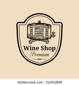 Wine Shop Logo. Vector Sign With Wooden Barrel. Typographic Label, Badge With Hand Sketched Keg. Used For Restaurant, Cafe, Bar Menu.