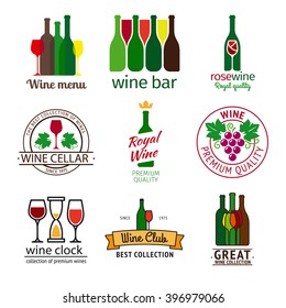 Wine shop logos set. Colofrul icons with vine, wine bottles, grapes and wine glass. Vector illustration 