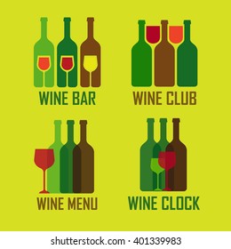 Wine shop logos set. Colorful icons with vine, wine bottles in flat style