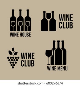 Wine shop logos set. Colorful icons with vine, wine bottles