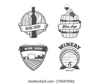 Wine shop logos. Set of vintage badges for wine shop or winery. Vector black and white stickers with wooden barrels, vineyard, glass, bottle, grape, and other elements