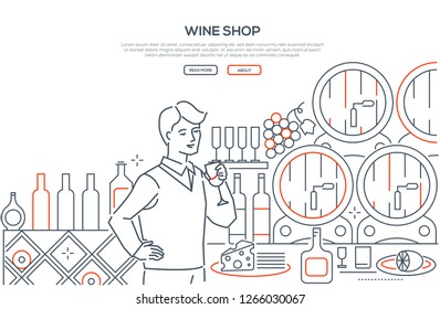 Wine shop - modern line design style web banner on white background with copy space for text. High quality composition with a male assistant holding a glass. Images of barrels, bottles, cheese, grapes