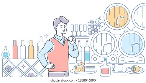 Wine shop - modern line design style illustration on white background. High quality colorful composition with a male assistant, sommelier holding a glass. Images of barrels, bottles, cheese, grapes