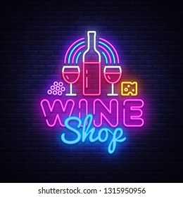Wine Shop neon signboard Vector. Wine Bar neon sign, design template, modern trend design, night neon signboard, night bright advertising, light banner, light art. Vector illustration