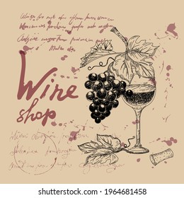 Wine Shop Products Hand Drawn Scetch. Grapes, Wooden Barrel, Bottles,chees, Glass, Vintage Style Unreadable Text. Vector Illustration