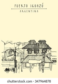 A wine shop in Puerto Iguazu, Argentina, South America. Vintage postcard or poster. Vector illustration