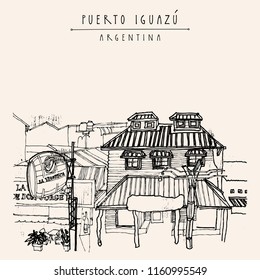 Wine shop in Puerto Iguazu, Misiones; Argentina, South America. Vintage artwork. Hand-drawn book illustration, touristic postcard or poster in vector
