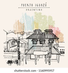 Wine shop in Puerto Iguazu, Misiones; Argentina, South America. Vintage artwork. Hand-drawn book illustration, touristic postcard or poster in vector