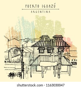 Wine shop in Puerto Iguazu, Misiones; Argentina, South America. Vintage artwork. Hand-drawn book illustration, touristic postcard or poster in vector