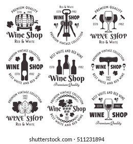 Wine shop set of vector black vintage emblems, labels, badges and logo templates isolated on white background