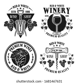 Wine shop set of vector monochrome emblems, labels, badges or logos in vintage style isolated on white background