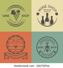 Wine shop set of vector vintage round colored labels, badges or emblems 