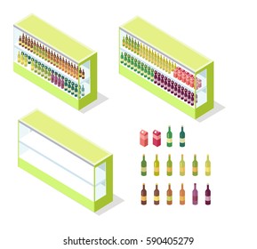 Wine in shop showcase isometric vector illustration. Alcoholic drinks on supermarket shelves 3d model isolated on white background. Full and empty groceries rack isometry for game, app, icon, web