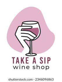 Deguste y degustation en una tienda de vinos. Vidrio aislado de la mano con vaso lleno de bebida alcohólica. Productos orgánicos y sabrosos de la granja, nueva bebida para bares y tiendas. Vector de estilo plano