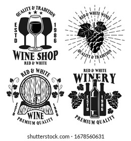 Wine shop and winery set of four vector monochrome emblems, labels, badges or logos in vintage style isolated on white background