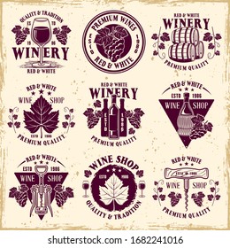 Wine shop and winery set of nine vector colored emblems, labels, badges or logos in vintage style on background with removable textures