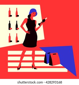 Wine shopping. Young woman in a wine store, choose a bottle of wine. Vector illustration