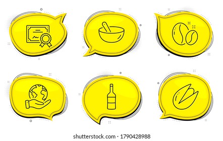 Wine sign. Diploma certificate, save planet chat bubbles. Cooking mix, Coffee beans and Pistachio nut line icons set. Bowl, Roasted seeds, Vegetarian food. Merlot bottle. Food and drink set. Vector