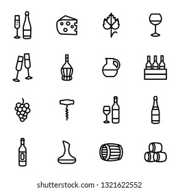 Wine Signs Black Thin Line Icon Set Include Of Bottle, Barrel, Grape, Corkscrew, Wineglass, Vine And Cheese. Vector Illustration Of Icons