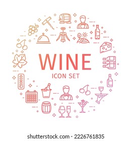 Wine Signs Round Design Template Thin Line Icon Concept for Promotion, Marketing and Advertising. Vector illustration