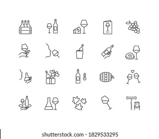 Icono de línea delgada simple de vino conjunto de ilustración vectorial. Vino, decantador, vaso de vino, queso y uva, sumiller, balde de hielo, botella de vino, corcho y más.