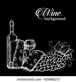 Wine sketch background. Background with bottle, glasse, cheese, grape and wine.Vector hand drawn illustration. Vintage design. Sketch style.