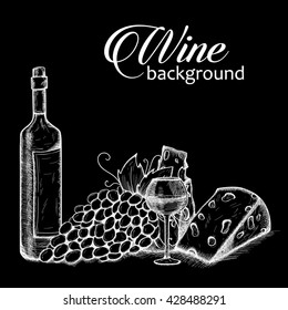 Wine sketch background. Background with bottle, glasse, cheese, grape and wine.Vector hand drawn illustration. Vintage design. Sketch style.