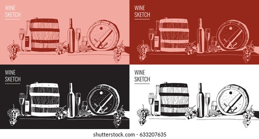 Wine sketch with bottles of wine, glasses, grapes and barrels. Hand-drawn graphics. Color variations