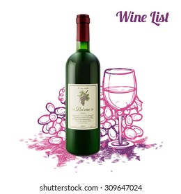 Wine sketch concept with realistic bottle and sketch grape bunch on background vector illustration