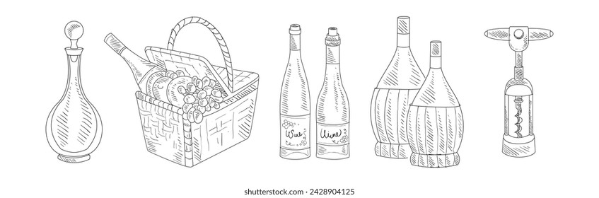 Wine Sketch Element with Bottle, Basket and Corkscrew Vector Set
