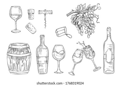 Wine sketch hand drawn set with glass, vine, grape, opener isolated on white. Collection in engraving vintage style with bottles, corks, cask for logos, labels, packages, menus.