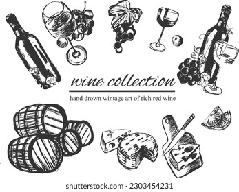 Wine sketch hand drawn set with glass, vine, grape,cheese, isolated on white. Collection in engraving vintage style with bottles, corks, cask for logos, labels, packages, menus.