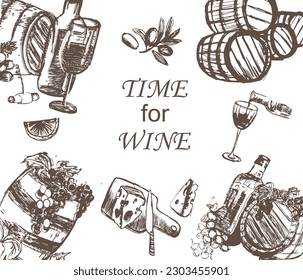 Wine sketch hand drawn set with glass, vine, grape, opener isolated on white. Collection in engraving vintage style with bottles, corks, cask for logos, labels, packages, menus.